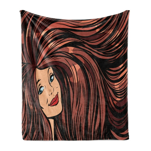 Hair Salon Soft Flannel Fleece Throw Blanket, Retro Comic Book Inspired Vintage Style Woman with Brunette Hair and Red Lips, Cozy Plush for Indoor and Outdoor Use, 70" x 90", Multicolor, by Ambesonne