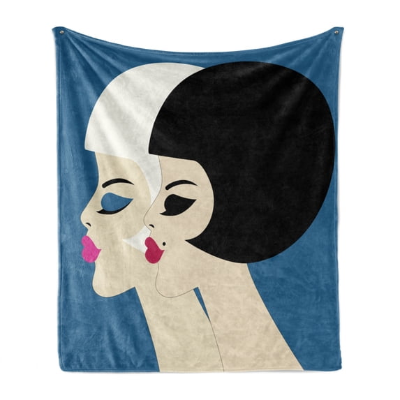 Hair Salon Soft Flannel Fleece Throw Blanket, Retro Style Brunette and Blonde Women with Bob Haircut and Neat Make up Image, Cozy Plush for Indoor and Outdoor Use, 50" x 70", Multicolor, by Ambesonne