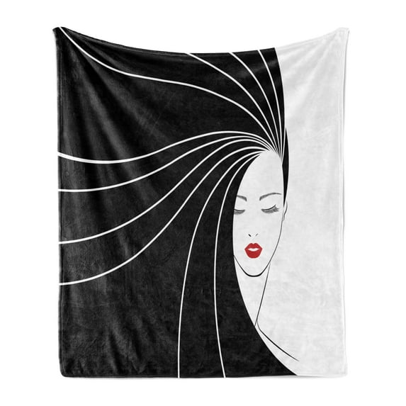 Hair Salon Soft Flannel Fleece Throw Blanket, Traditional Beauty with Extra Long Straight Hair and Red Lips, Cozy Plush for Indoor and Outdoor Use, 50" x 70", Ruby Black and White, by Ambesonne