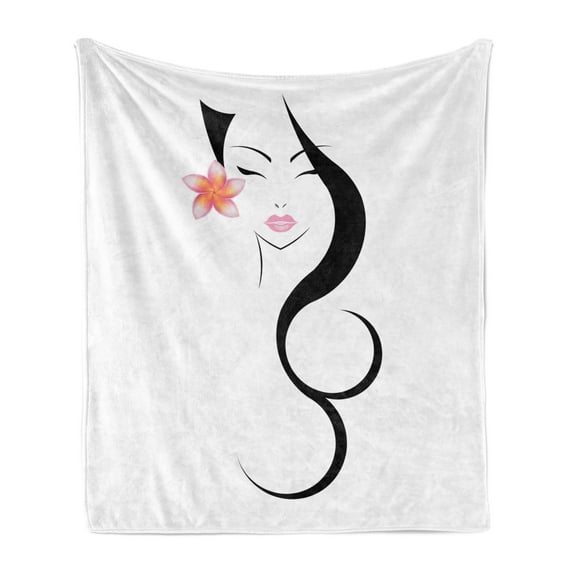 Hair Salon Soft Flannel Fleece Throw Blanket, Traditional Beauty with Lotus Flower Pinned on Long Hair, Cozy Plush for Indoor and Outdoor Use, 70" x 90", Baby Pink Black, by Ambesonne
