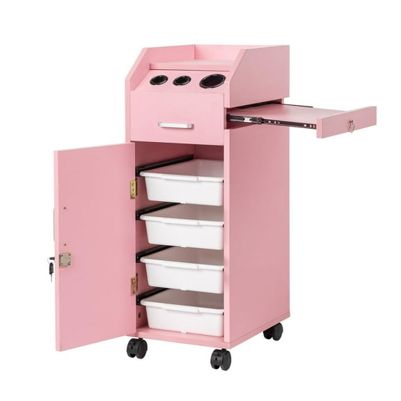 Hair Salon Storage Cart with Wheels & 3 Hair Dryer Holders & 4 Drawers & Lock & 2 Keys, Hairdressing Tools Station Mobile Makeup Case, SPA Utility Trolley (Pink)