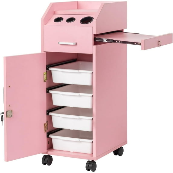 Hair Salon Storage Cart with Wheels & 3 Hair Dryer Holders & 4 Drawers & Lock & 2 Keys, Hairdressing Tools Station Mobile Makeup Case, SPA Utility Trolley (Pink)