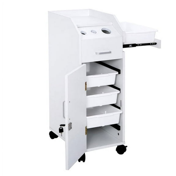 Hair Salon Storage Cart with Wheels - 3 Stainless Steel Hair Dryer Holders, 4 Extra-Deep ABS Drawers, Lock & 2 Keys, Mobile White Hairdressing Tools Station Utility Tray for Salon/Stu