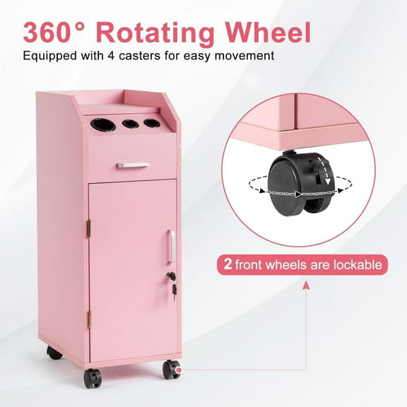 Hair Salon Storage Cart with Wheels & 3 Hair Dryer Holders, 4 Drawers & Lock for Stylists, Mobile Makeup Case and Utility Trolley for Salon Use, Pink