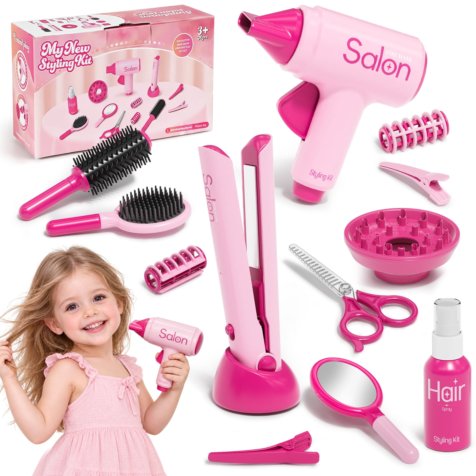 Hair Salon Toys for Girls, 12-Piece Pretend Play Hair Styling Set with ...