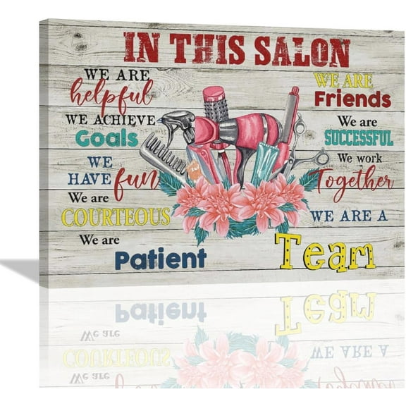 Hair Salon Wall Art Teamwork Pictures Wall Decor Rustic Hair Stylist Salon Canvas Decor Prints Painting Framed Artwork for Office Barbershop Makeup Room Ready to Hang 12"x16"