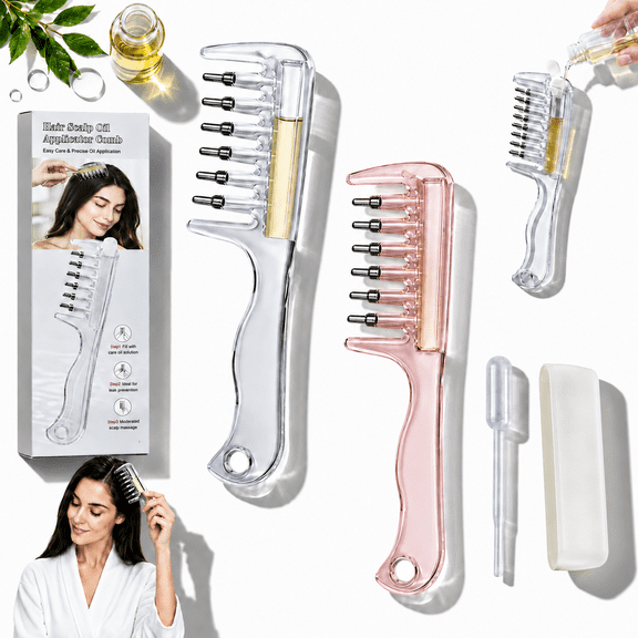 Hair Scalp Oil Applicator Comb, 6 Roller Ball Tips, Refillable, Clear, Translucent PC Body, Curved Root Guide, Visible Liquid Level, Home Grooming, Salon Sectioning, Travel Routines