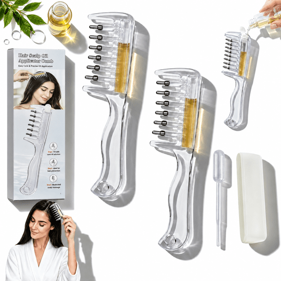 Hair Scalp Oil Applicator Comb, 6 Roller Ball Tips, Refillable, Clear, Translucent PC Body, Curved Root Guide, Visible Liquid Level, Home Grooming, Salon Sectioning, Travel Routines