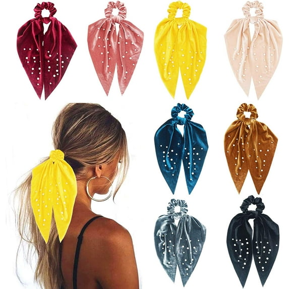 Hair Scarf Scrunchie 8 Hair Scarves Velvet Scrunchies Tails Vintage Pearl Scarfs Ponytail Holder Solid Color Hair Ribbon Ties Long Bow Knotted Scrunchy for Women Girls Christmas Black Red Pink Yellow