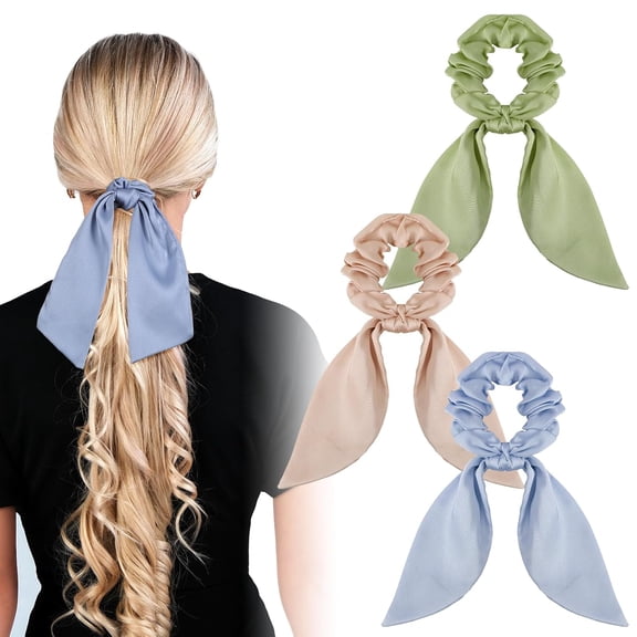 Hair Scarf Scrunchies - 3PCS Set of Knotted Bow Hair Ties with Tail, Ribbon Hair Accessories for Women & Girls (Milk Coffee, Navy, Bean Green)