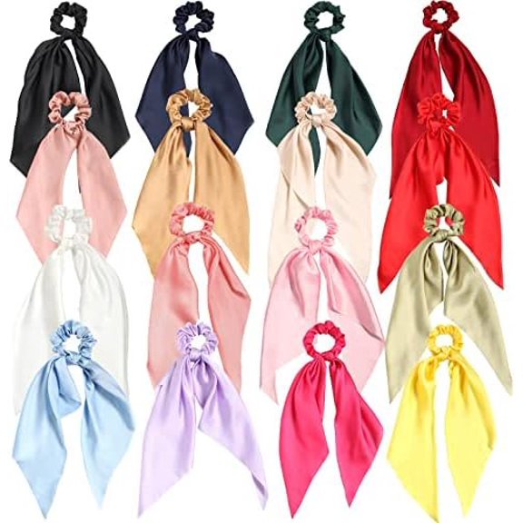 Hair Scarf Scrunchies for Women Long Tail Bowknot Hair Elastic Ties Satin Ribbon Hair Bands Ponytail Holders Hair Accessories Pack of 16 count Solid Colors