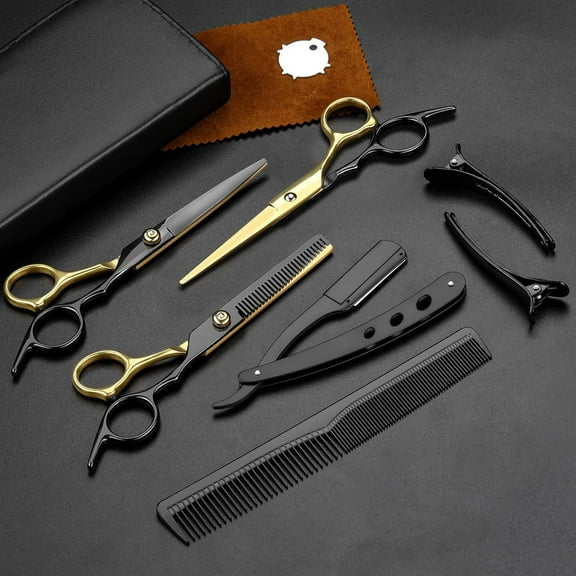 Hair Scissors, 9Pcs Professional Black Gold Hair Cutting, Stainless Steel Barber Supplies, Straight, Thinning Shears, Multi Use Haircut Sets for Home Salon Barber