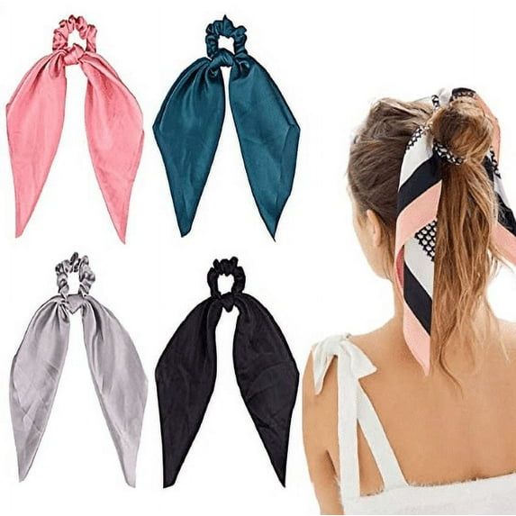 Hair Scrunchies, Triani Bow Hair Scrunchies Rabbit Bunny Ear Scrunchies Silk Bow Bow knot Scrunchies Bobbles Elastic Hair Ties Ropes Ponytail Holder Accessories for Women Girls 4 Color