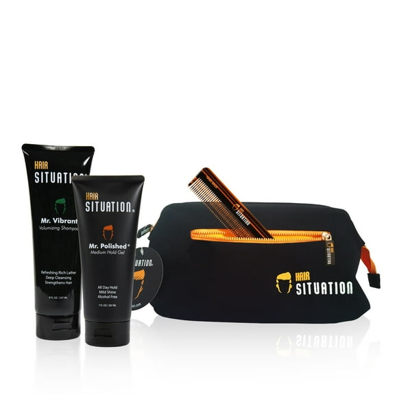 Hair Situation Mr Polished Gel, Mr Vibrant Shampoo, Pocket Size Comb &Travel Bag
