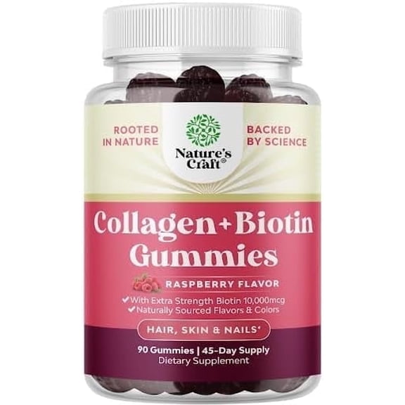 Natures Craft Extra Strength Biotin and Collagen Gummies for Hair, Skin, & Nail Health, 90 Gummies