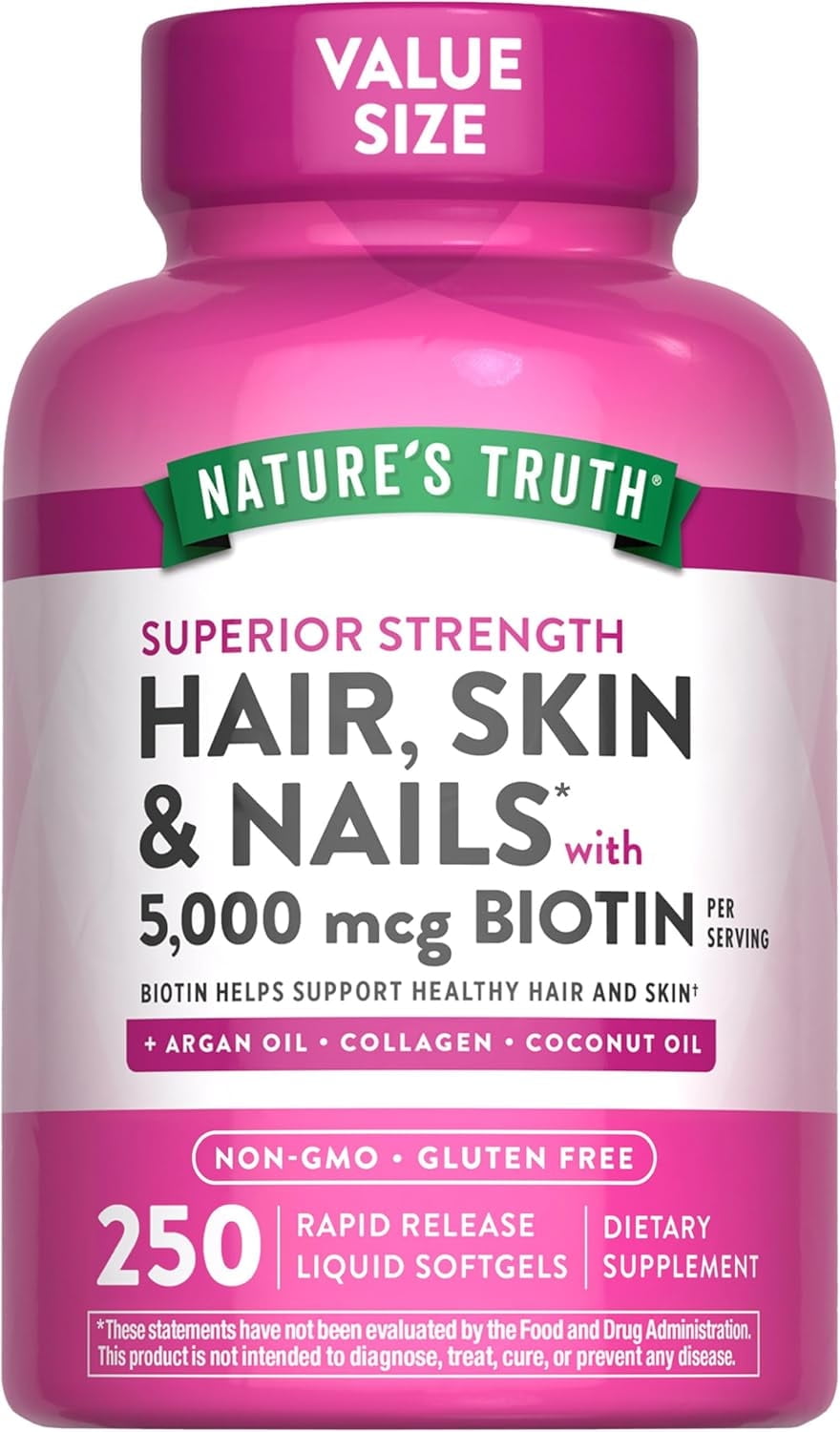 Hair, Skin & Nails Vitamins with Biotin | 5000mcg | 250 Softgels | Includes Collagen and Coconut Oil | by Nature's Truth