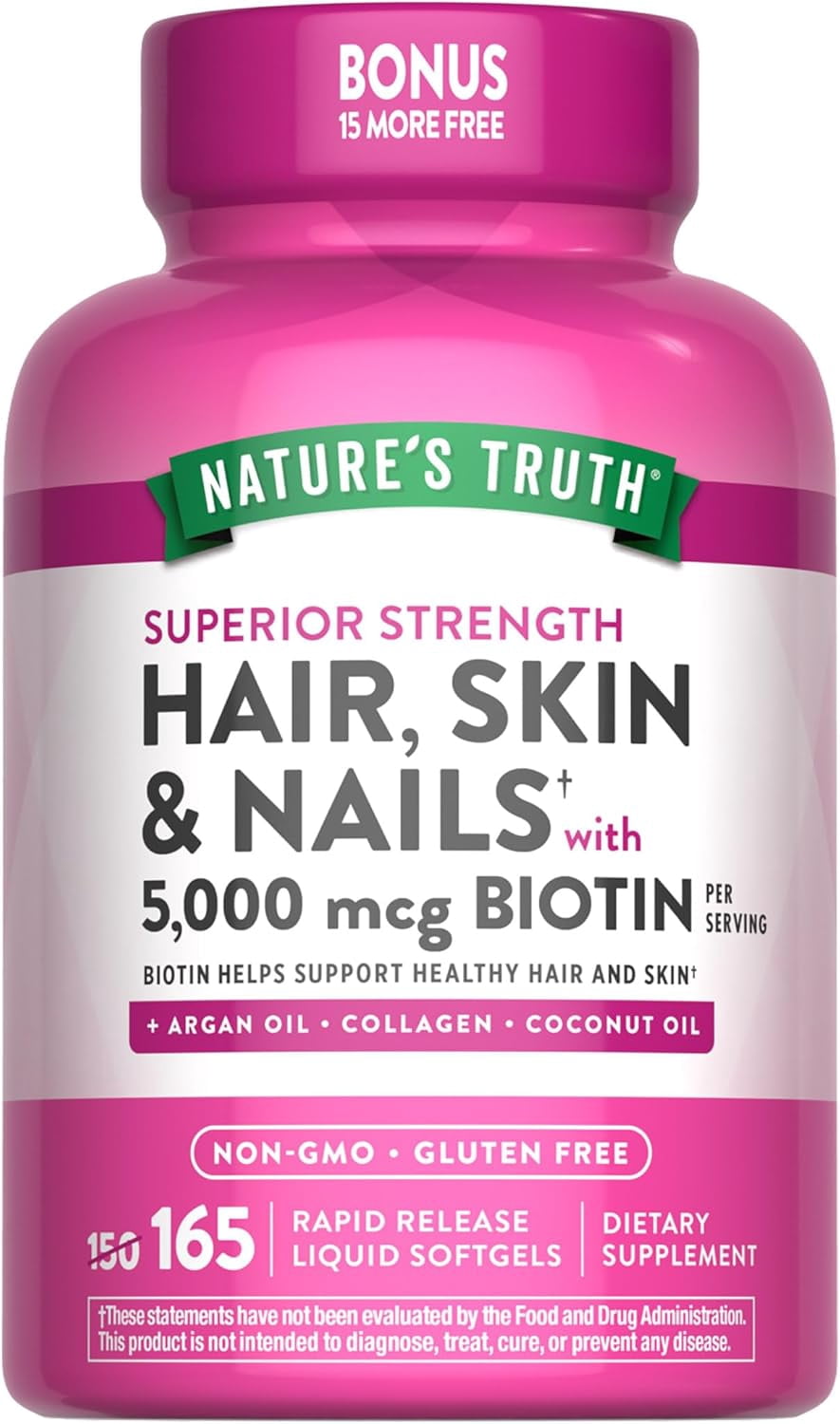 Hair, Skin & Nails Vitamin | 5000 mcg Biotin | 165 Softgels | with Collagen | by Nature's Truth