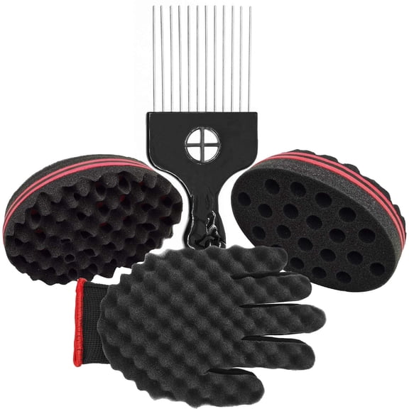 Hair Sponge Set, Magic Hair Twist Curl Sponge Glove, Afro Hair Sponge Barber Brush, Metal Hair Pick Comb and Hair Twist Curl Comb for Barber Hair Styling (Black-4Pcs)