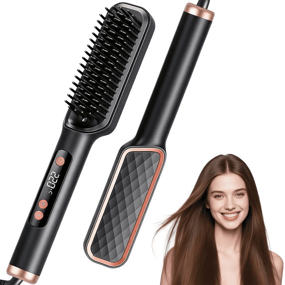 Hair Straightener Brush, Anti-Scald Ceramic Straightening Brush with 4 Temp & 35s Fast Heating, Anti-Tangle Hot Comb for Woman, Negatice Ion, Black