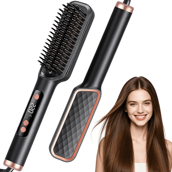 Hair Straightener Brush, Anti-Scald Ceramic Straightening Brush with 4 Temp & 35s Fast Heating, Anti-Tangle Hot Comb for Woman, Negatice Ion, Black