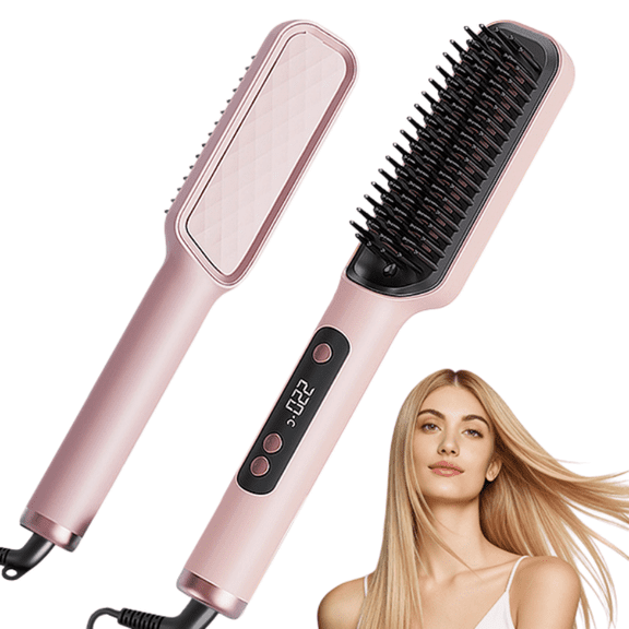 Hair Straightener Brush,Fast Heating Straightening Comb for Women, 4 Adjustable Temp with LED Display,Anti-Scald Auto-Off, Pink