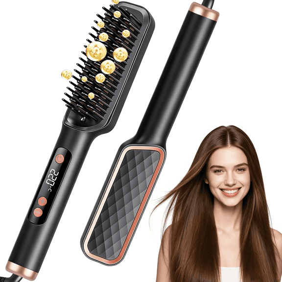 Hair Straightener Brush, Anti-Scald Ceramic Straightening Brush with 4 Temp & 35s Fast Heating, Anti-Tangle Hot Comb for Woman, Negatice Ion, Black