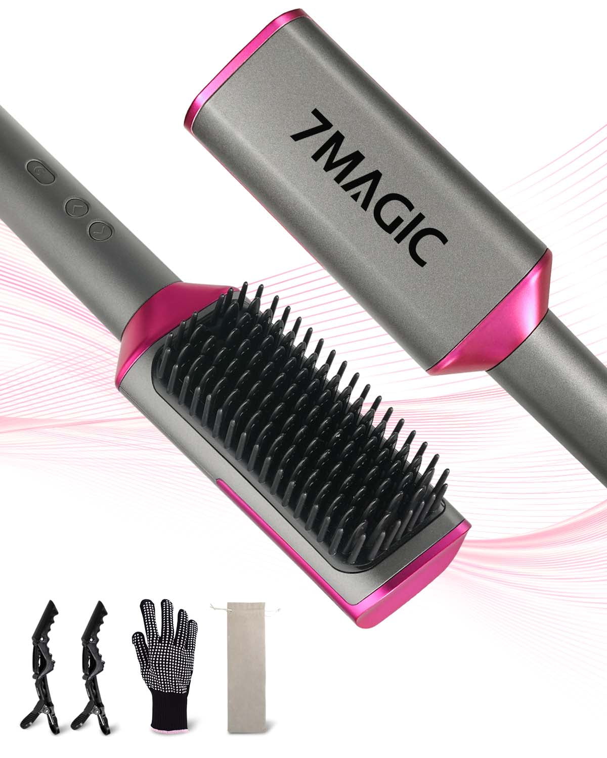 7MAGIC Hair Straightener Brush, Ionic Straightening Comb with LED Display, 3X Denser Bristles, Dual Voltage