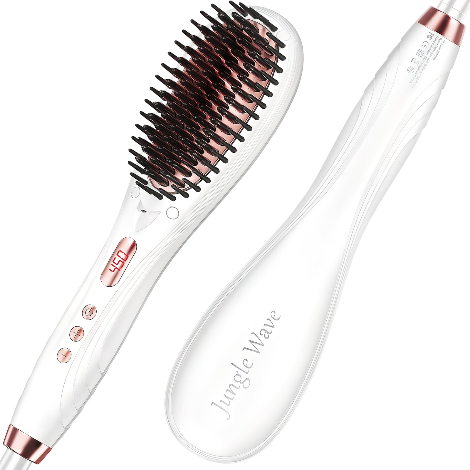 Hair Straightener Brush, Jungle Wave 2 in 1 Ceramic Ionic Straightening Brush, 15s Fast Heating, Gift for women, White
