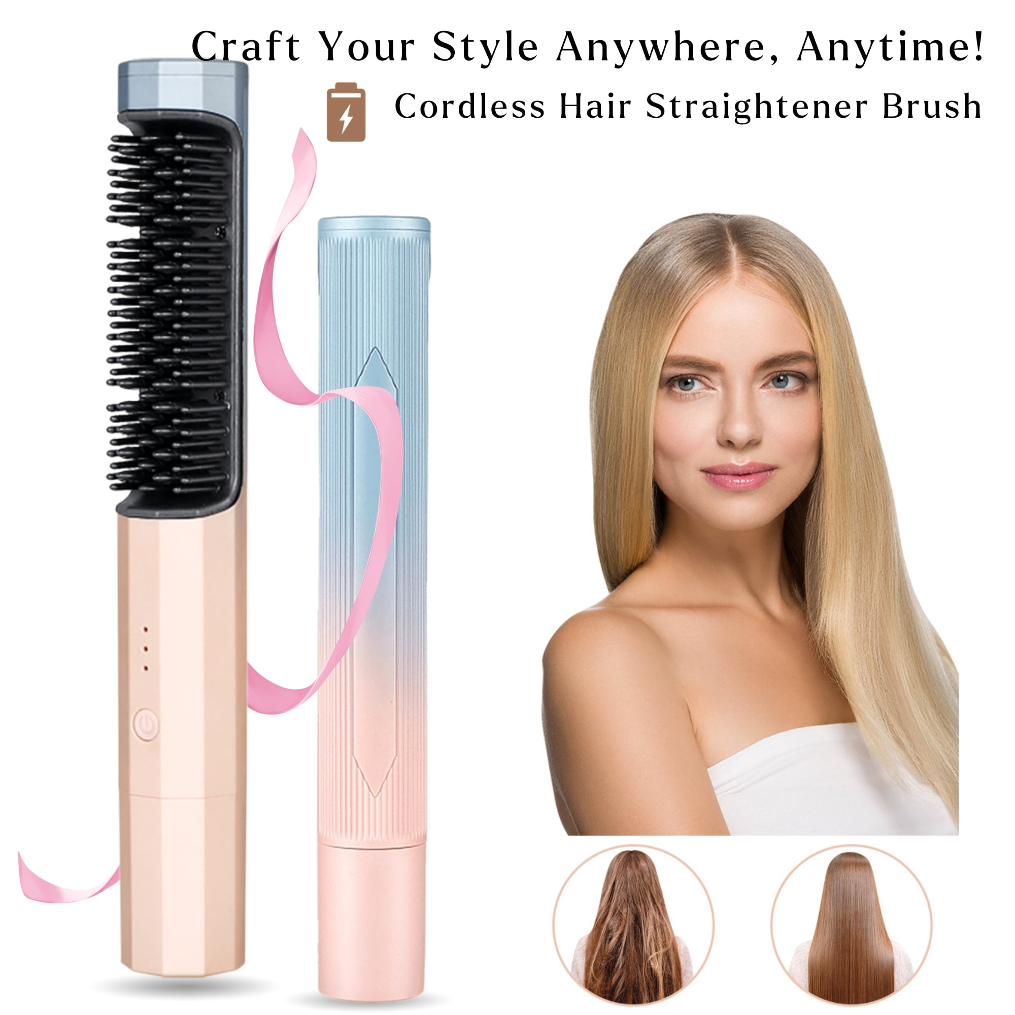 Hair Straightener Brush,Portable Cordless Hair Straightening Brush,2in