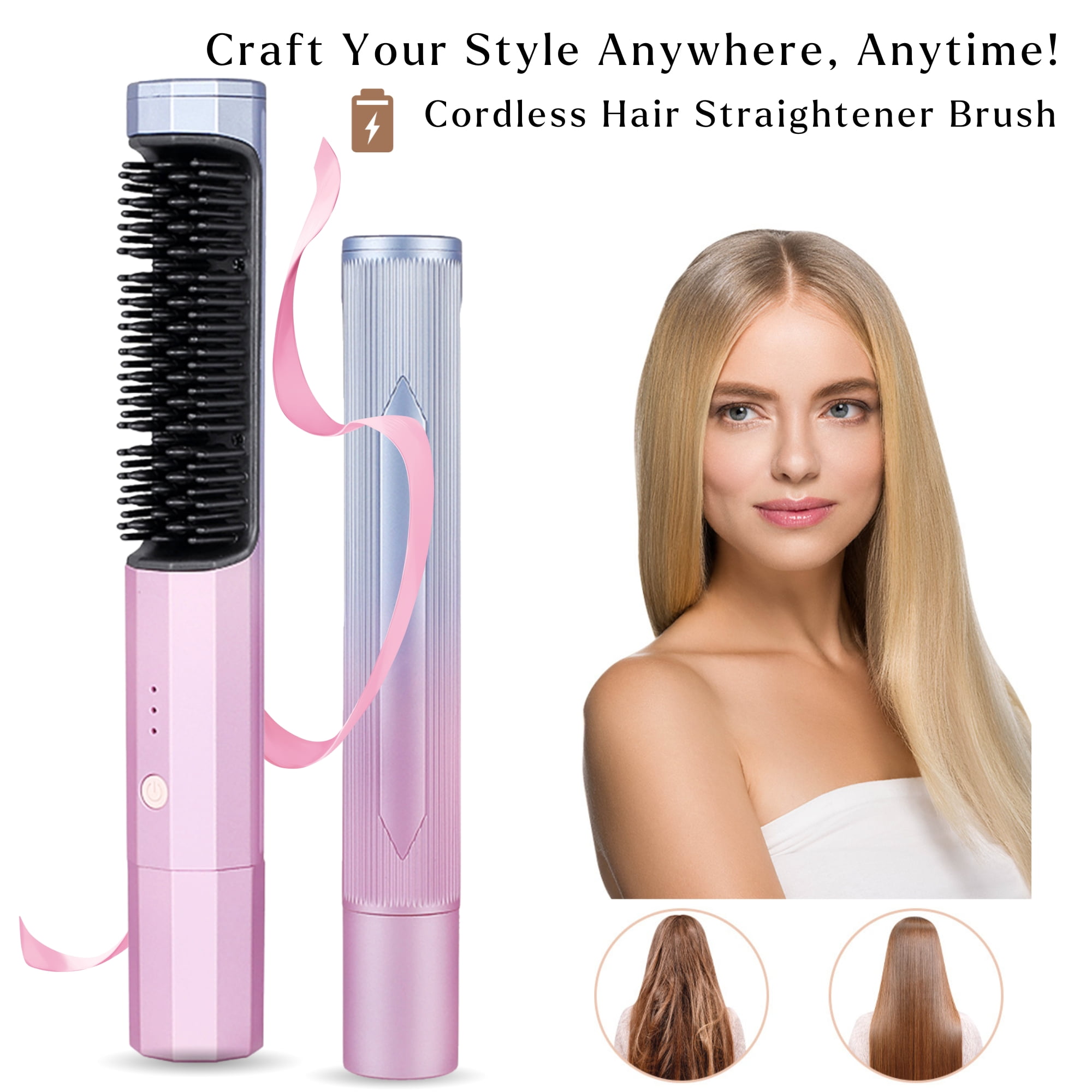 Hair Straightener Brush,Portable Cordless Hair Straightening Brush,2in1 Ceramic Straightening
