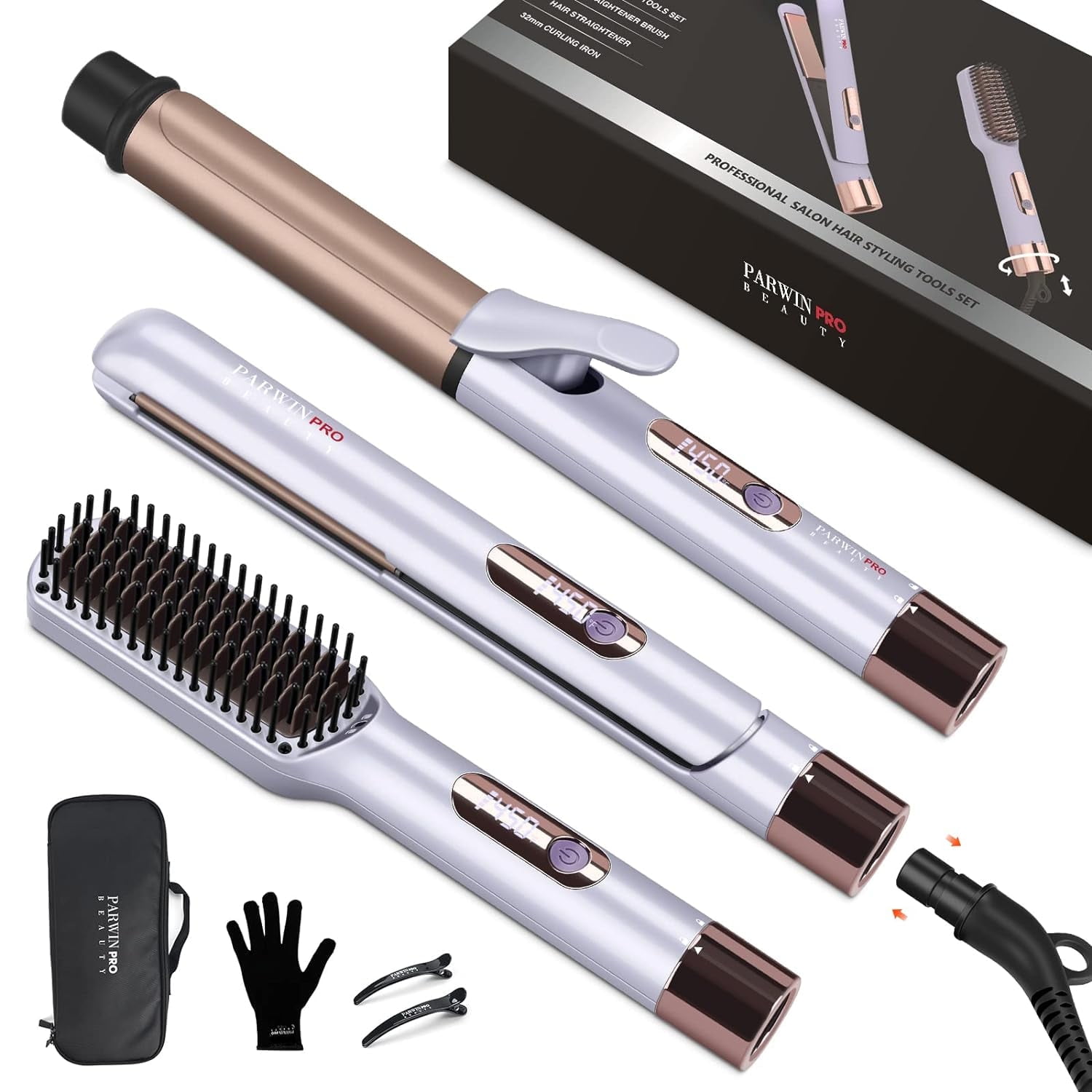 Hair Straightener and Curler, Parwin Pro Beauty 1'' Flat Iron,1.25'' Curling Iron Hair Straightener Brush with Detachable Power Cord, LED Temp Control, image size:1500x1500