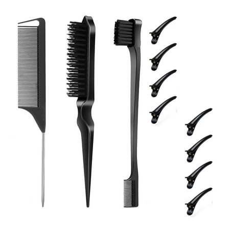 Hair Styling Set - 3 Brushes (Edge, Bristle, Rat Tail) for Slick Baby Hair and Flyaways - Black