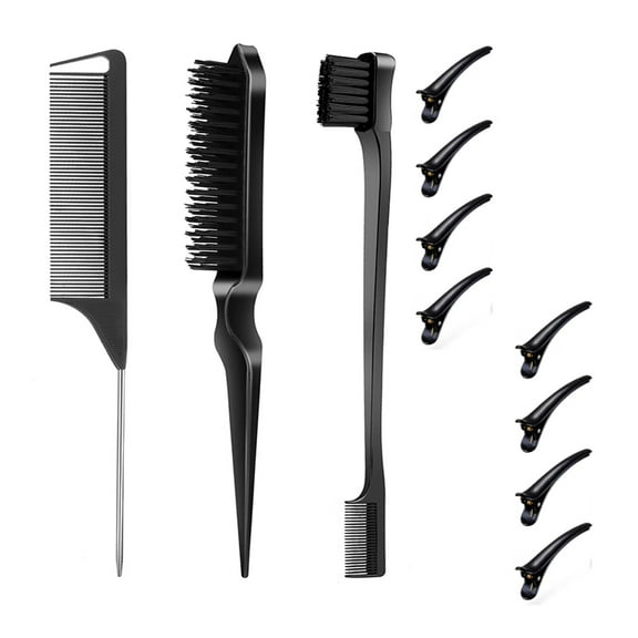 Hair Styling Set - 3 Brushes (Edge, Bristle, Rat Tail) for Slick Baby Hair and Flyaways - Black