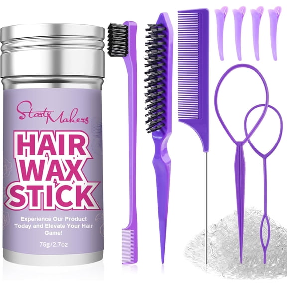 Hair Styling Set: Wax Stick, Slick Back Brush & 200 Clear Elastics - Control Flyaways, Ponytails & Buns for Women, Teens, Kids