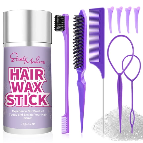 Hair Styling Set: Wax Stick, Slick Back Brush & 200 Clear Elastics - Control Flyaways, Ponytails & Buns for Women, Teens, Kids