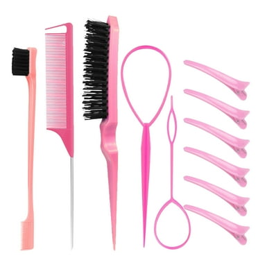 Hair Styling Tool Set: Combs, Triple Teasing Brush, Edge Brush, Rat Tail Combs, Braid Loop with Clips for Women, Girls, Kids and Stylists 11 pcs