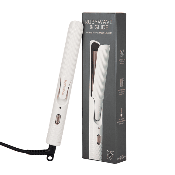 RUBY VIBE CO RubyWave & Glide 2-in-1 Hair Straightener and Curling Iron, White, Dual Voltage Travel Styling Tool