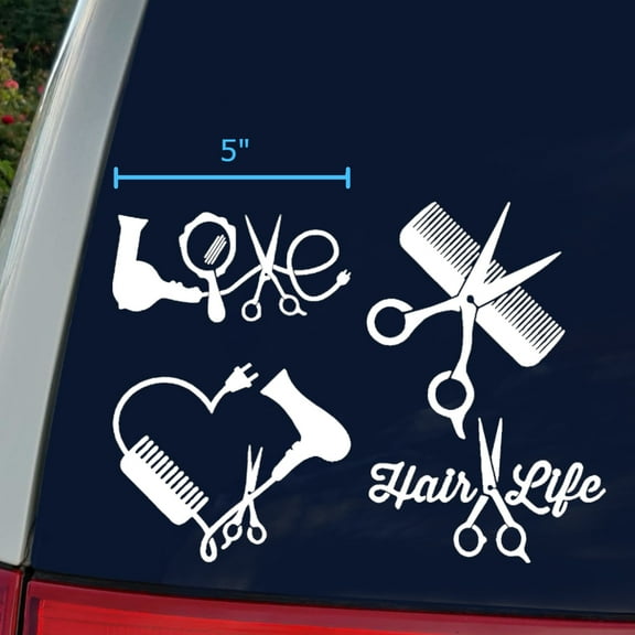 Hair Stylist Decal 4 Pack: Love, Heart, Comb and Scissors, Hair Life Decals