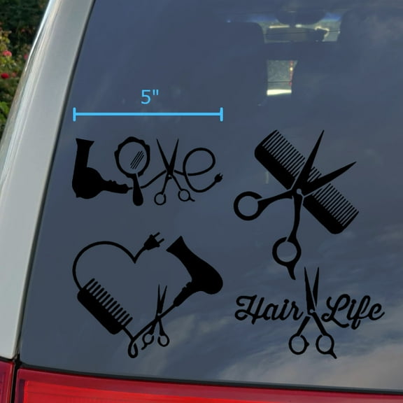 Hair Stylist Decal 4 Pack: Love, Heart, Comb and Scissors, Hair Life Decals