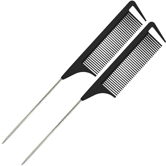 Hair Stylist Rat Tail Combs, Braiding Hair Parting Combs, Detangling Teasing Comb (Black - 2 Packs)