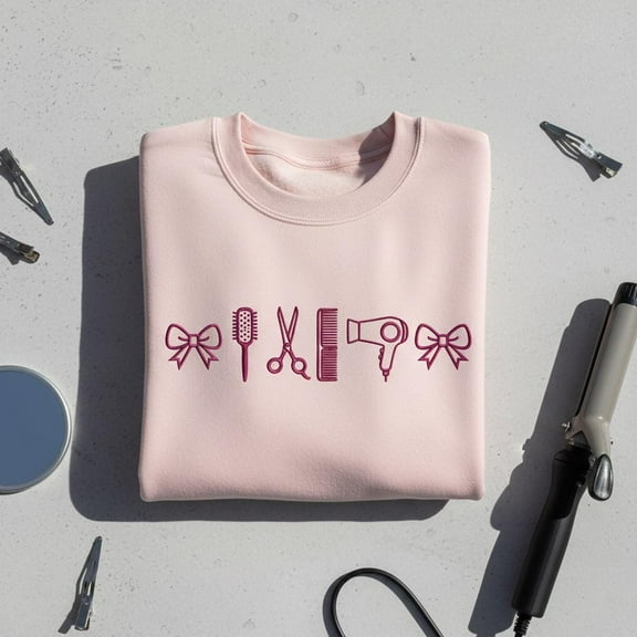 Hair Stylist Tools Embroidered Sweatshirt, Hairdresser Bows Crewneck, Cosmetology School Gift, Salon Owner Apparel