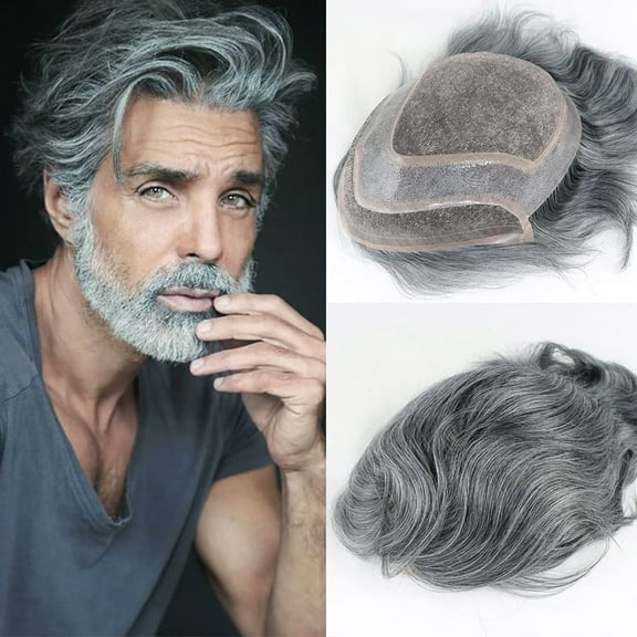 Hair System Mens Toupee Human Hair Replacement Wigs for Men Natural Hairline Fine Mono with PU Hairpiece 1B Off Black with 60% Synthetic Grey Hair 8x10 Inch