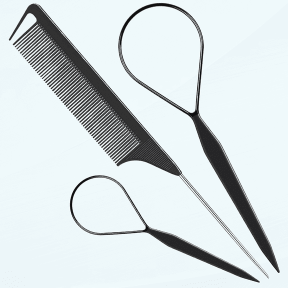 Hair Tail Tools, 3Pack Hair Loop Tool Set with 2Pcs French Braid Tool Loop 1Pcs Rat Tail Comb Metal Pin Tail Braiding Comb for Hair Styling, Black