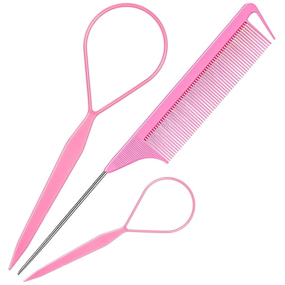 Hair Tail Tools, 3Pack Hair Loop Tool Set with 2Pcs French Braid Tool Loop 1Pcs Rat Tail Comb Metal Pin Tail Braiding Comb for Hair Styling, Pink