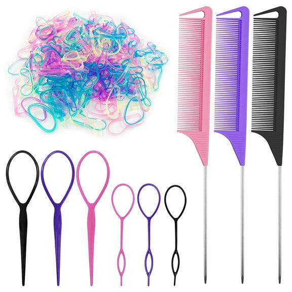 Hair Tail Tools, 9 Pack Hair Loop Tool Set with Mini Small Rubber Bands for Hair, 6 Pcs Topsy Tail Hair Tools and 3 Pcs Rat Tail Combs Metal Pin Tail Braiding Combs for Hair Styling