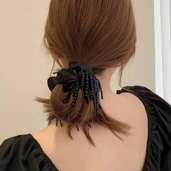 Hair Ties Big Large Pearl Beads Tassel Scrunchie for Girls Women Large Scrunchy for Thick Curl Hair Hair Accessories Ponytail Soft Ropes for Women(Black)