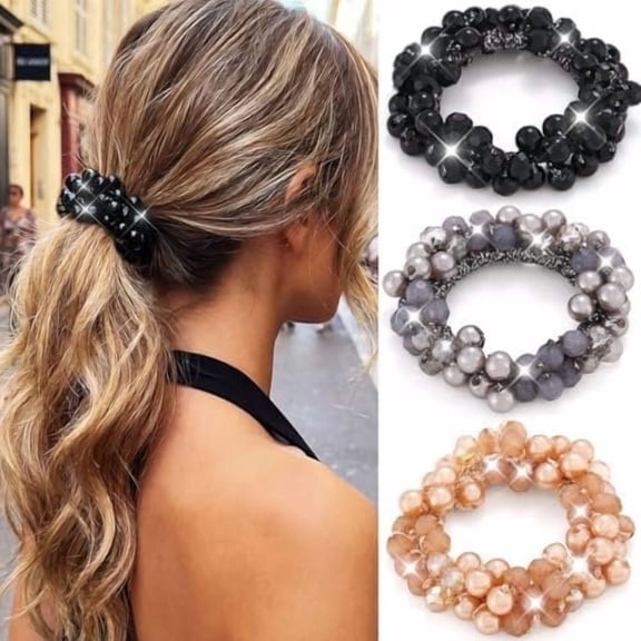 Hair Ties Fancy Ponytail Holders Rhinestone Scrunchies Decorative Hair Accessories for Women (champagne+grey+black)