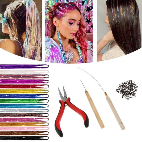 Hair Tinsel,12/16 Colors Hair Tinsel Kit for Girls 200 Strands Fairy Tinsel Hair Extensions Holographic Hair Tinsel Heat Resistant Colored Hair Glitter Christmas Party Festival