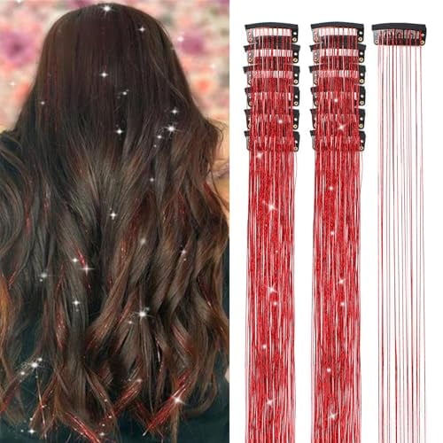 Hair Tinsel 12 Pcs Clip in Hair Tinsel Kit for Girls 20.5 Inch Glitter Shiny Sparkly Fairy Tinsel Hair Extensions Heat Resistant Party Festival Accessories for Women Kids (Red)