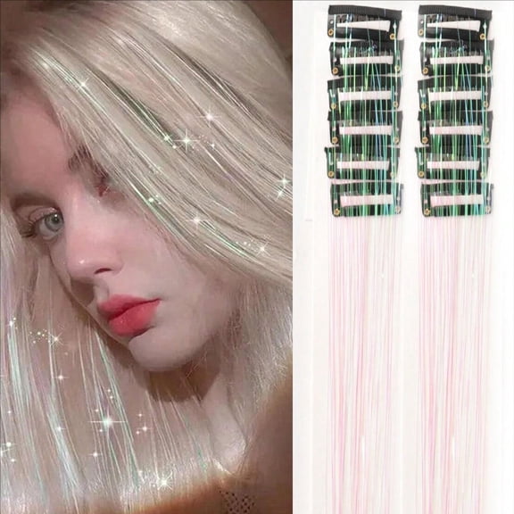 Hair Tinsel - 12Pcs Clip In Rainbow Hair Accessories, 20.5 Inch, Glitter Extensions, Rainbow Clip In, Hair Clips, Party Hair, Cosplay, Music Festival, Hair Accessories, For Special Occasions